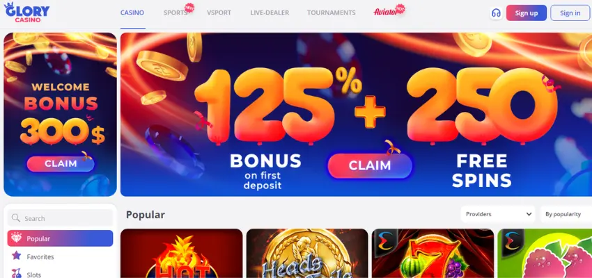 Features of the Glory casino